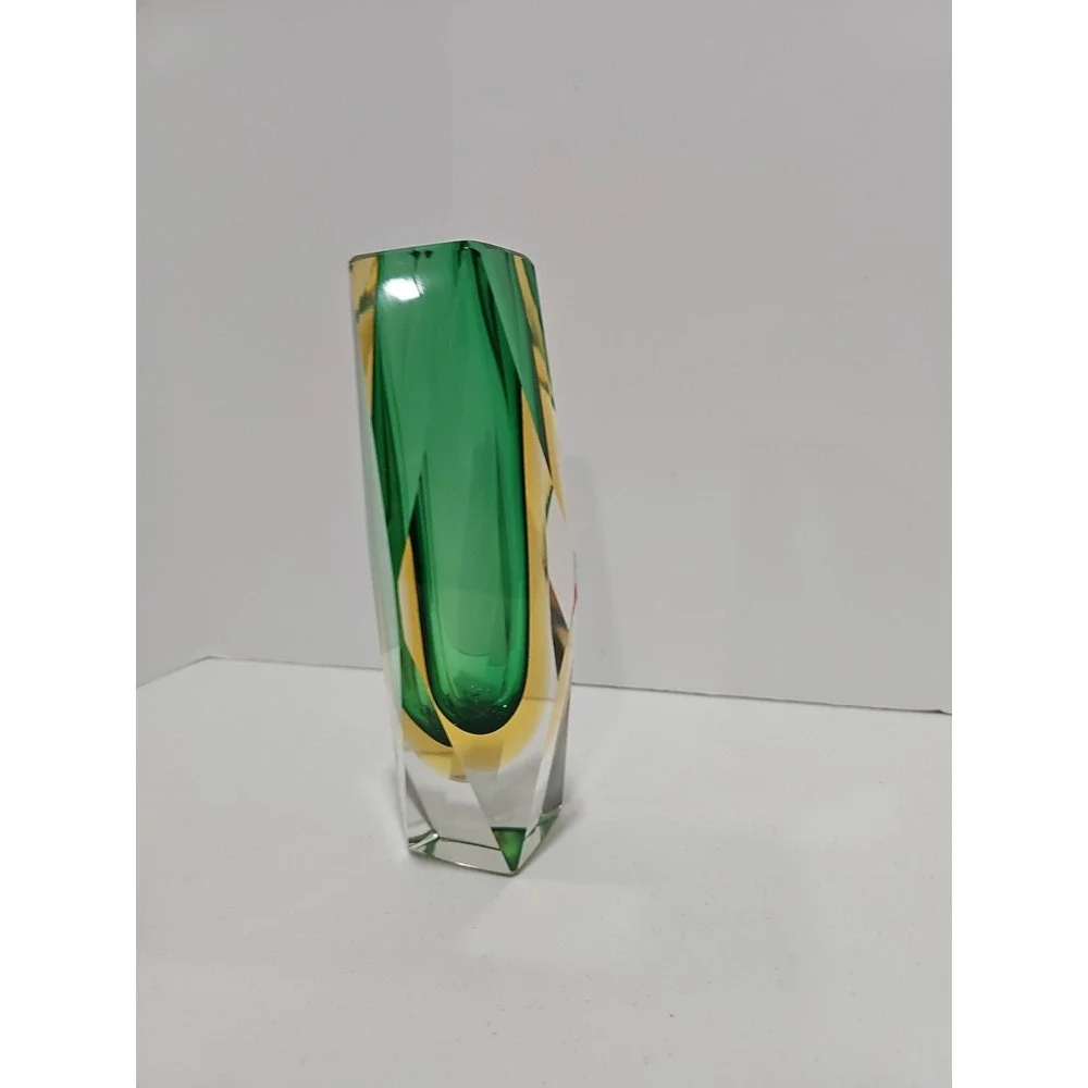 Vintage Murano Sommerso Faceted Art Olive Green‎ Glass Vase 8" Tall - Picture 2 of 10